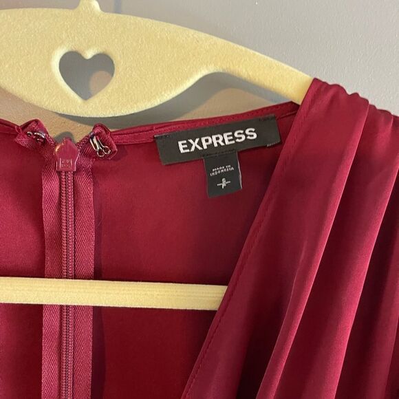 Express Burgundy Satin Long Sleeve Surplice Twist Front High Low Hem Midi Dress - Picture 9 of 17